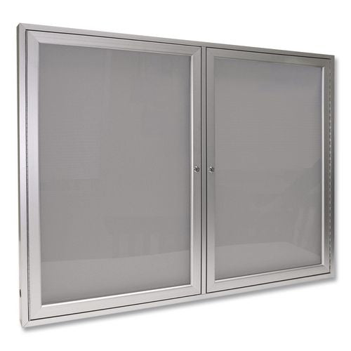 Image of Ghent PA23648VX-193 2 Door Enclosed Vinyl Bulletin Board with Satin Frame, 48" x 36", Silver Surface, Satin Aluminum Frame