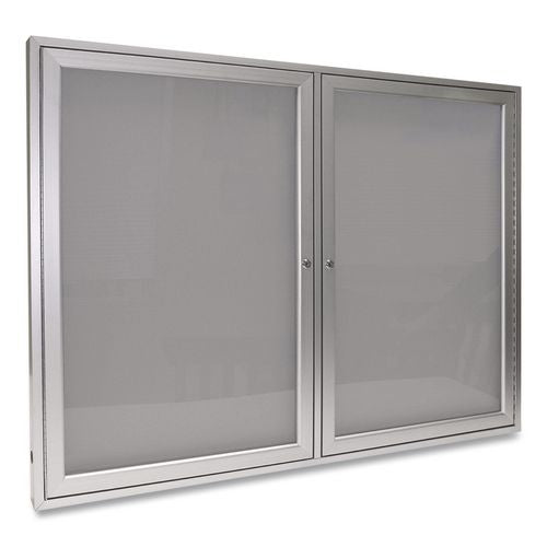 Image of Ghent PA23660VX-193 2 Door Enclosed Vinyl Bulletin Board with Satin Frame, 60" x 36", Silver Surface, Satin Aluminum Frame