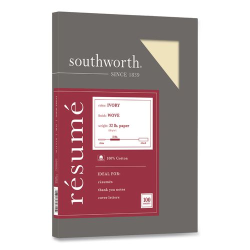 Image of Southworth® RD18ICF 100% Cotton Resume Paper, 32 lb Bond Weight, 8.5 x 11, Ivory, 100/Pack