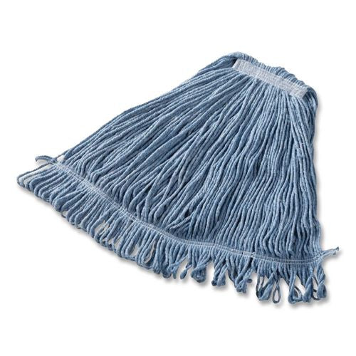 Image of RubbermaidÂ® Commercial Super Stitch Blend Mop Head, Cotton/Synthetic, Large, 1" Red Headband, Blue, 6/Carton