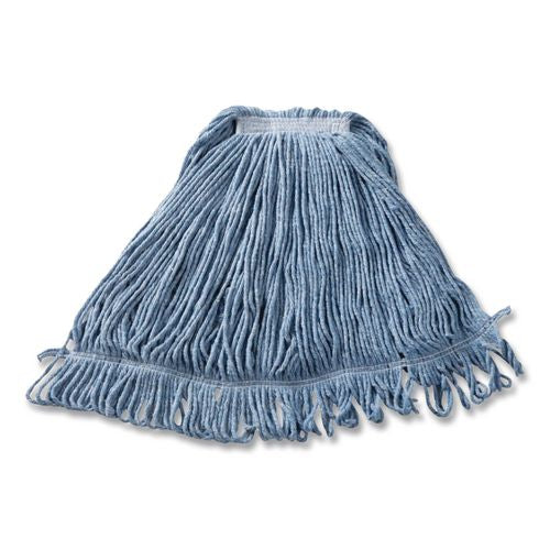 Image of RubbermaidÂ® Commercial Super Stitch Blend Mop Head, Cotton/Synthetic, Large, 1" Red Headband, Blue, 6/Carton