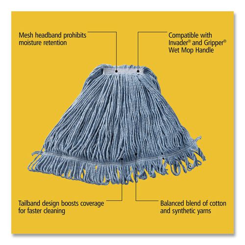 Image of RubbermaidÂ® Commercial Super Stitch Blend Mop Head, Cotton/Synthetic, Large, 1" Red Headband, Blue, 6/Carton