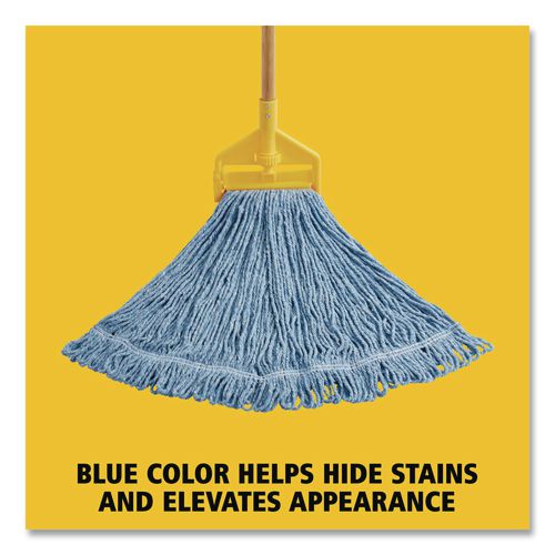 Image of RubbermaidÂ® Commercial Super Stitch Blend Mop Head, Cotton/Synthetic, Large, 1" Red Headband, Blue, 6/Carton