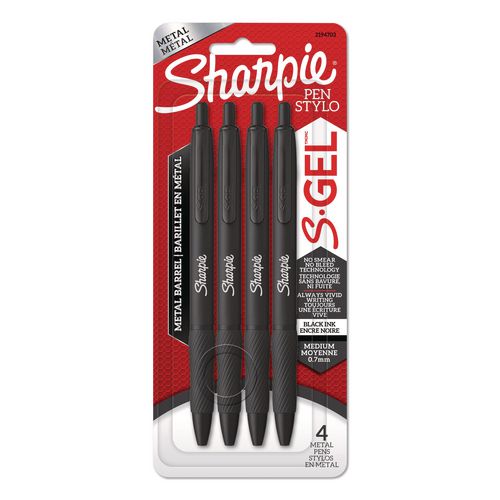 Image of Sharpie® S-Gel 2194703 S-Gel Premium Metal Barrel Gel Pen, Retractable, Medium 0.7 mm, Black Ink, Black Barrel, 4/Pack