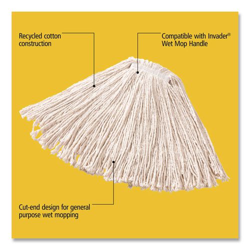 Image of Rubbermaid® Commercial FGF11600WH00 Non-Launderable Premium Cut-End Cotton Wet Mop Head, 16 oz, White, 1" White Band, 12/Carton