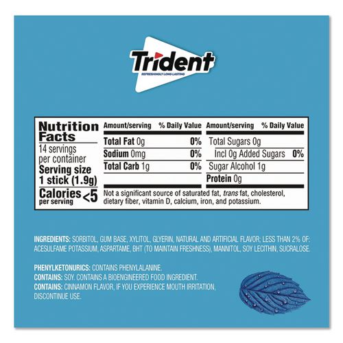 Image of Trident® VAM05020 Sugar-Free Gum, Original Mint, 14 Sticks/pack, 12 Pack/box