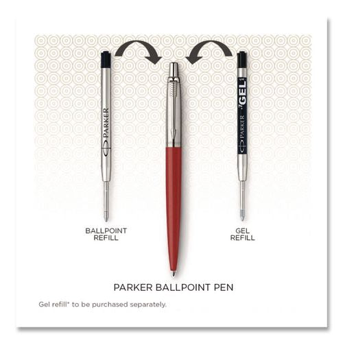 Image of Parker® 1953241 Jotter Ballpoint Pen, Retractable, Medium 0.7 mm, Blue Ink, Kensington Red/Chrome Barrel