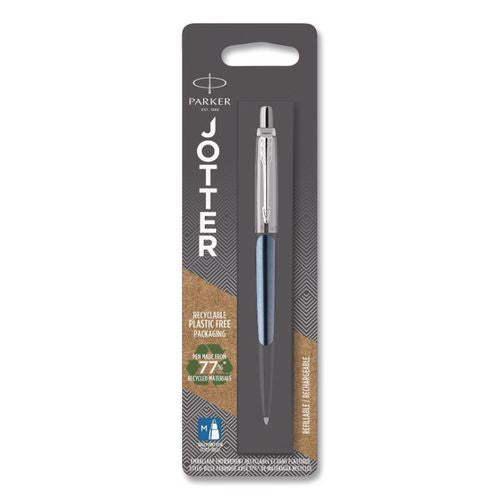 Image of Parker® 1953245 Jotter Ballpoint Pen, Retractable, Medium 0.7 mm, Blue Ink, Waterloo Blue/Chrome Barrel