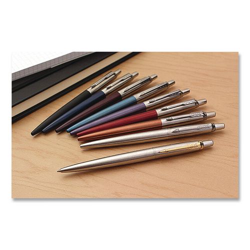 Image of Parker® 2020672 Jotter Rollerball Pen, Retractable, Medium 0.7 mm, Black Ink, Stainless Steel Barrel