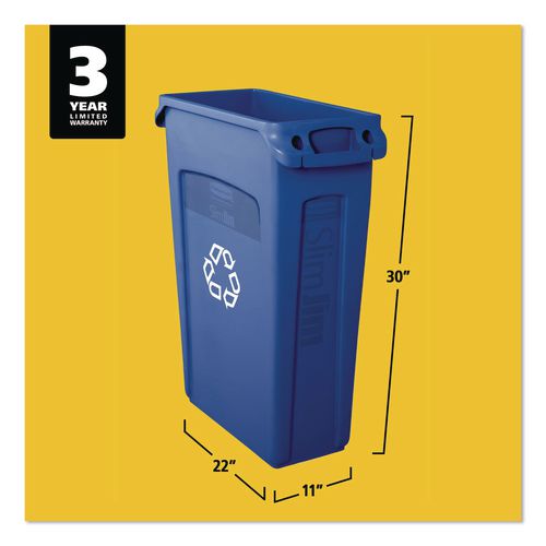 Image of Rubbermaid® Commercial FG354007BLUE Slim Jim Plastic Recycling Container with Venting Channels, 23 gal, Plastic,  Blue