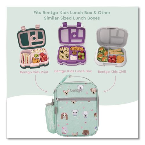 Image of bentgo® BGKDBG-PPY Kids Insulated Lunch Tote, Puppy Love Theme, 7.3" x 3.5" x 9.5", Mint Green/Multicolor