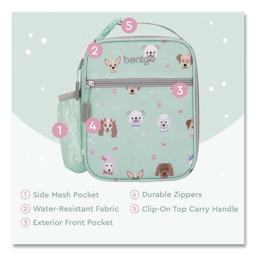 Image of bentgo® BGKDBG-PPY Kids Insulated Lunch Tote, Puppy Love Theme, 7.3" x 3.5" x 9.5", Mint Green/Multicolor