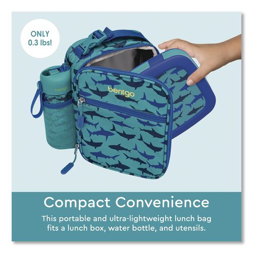 Image of bentgo® BGKDBG-SHK Kids Insulated Lunch Tote, Sharks Theme, 7.3" x 3.5" x 9.5", Turquoise/Blue