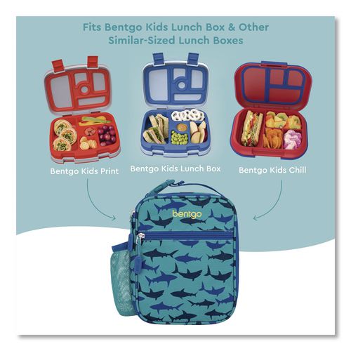 Image of bentgo® BGKDBG-SHK Kids Insulated Lunch Tote, Sharks Theme, 7.3" x 3.5" x 9.5", Turquoise/Blue