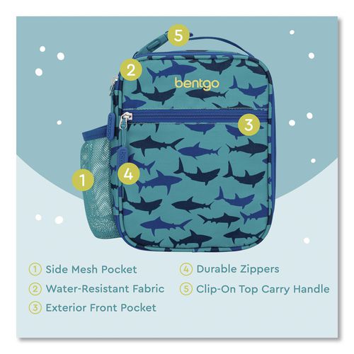 Image of bentgo® BGKDBG-SHK Kids Insulated Lunch Tote, Sharks Theme, 7.3" x 3.5" x 9.5", Turquoise/Blue
