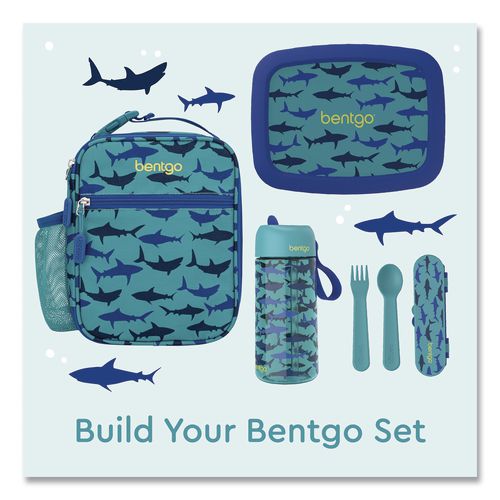 Image of bentgo® BGKDBG-SHK Kids Insulated Lunch Tote, Sharks Theme, 7.3" x 3.5" x 9.5", Turquoise/Blue
