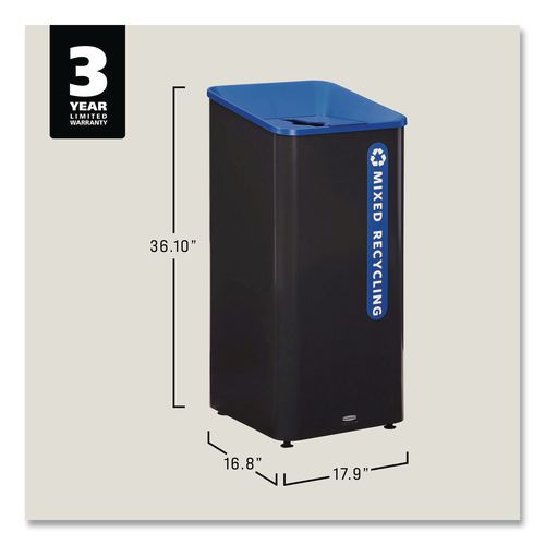 Image of Rubbermaid® Commercial 2078980 Sustain Decorative Refuse with Recycling Lid, 23 gal, Metal/Plastic, Black/Blue