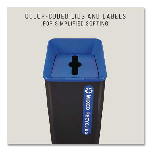 Image of Rubbermaid® Commercial 2078980 Sustain Decorative Refuse with Recycling Lid, 23 gal, Metal/Plastic, Black/Blue
