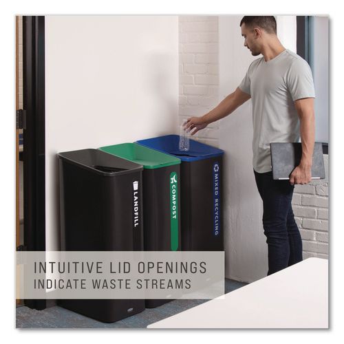 Image of Rubbermaid® Commercial 2078980 Sustain Decorative Refuse with Recycling Lid, 23 gal, Metal/Plastic, Black/Blue