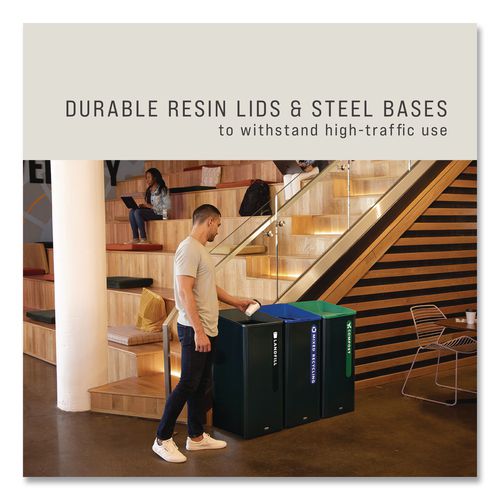 Image of Rubbermaid® Commercial 2078980 Sustain Decorative Refuse with Recycling Lid, 23 gal, Metal/Plastic, Black/Blue