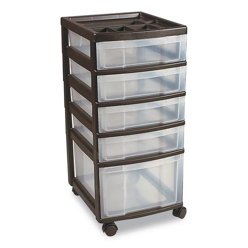 Image of IRIS 270015/116865 Five-Drawer Rolling Cart with Organizer Top, Plastic, 12.13 x 14.38 x 26.38, Clear/Black
