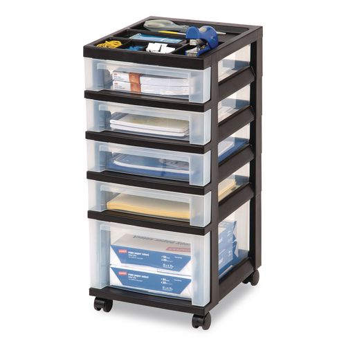 Image of IRIS 270015/116865 Five-Drawer Rolling Cart with Organizer Top, Plastic, 12.13 x 14.38 x 26.38, Clear/Black