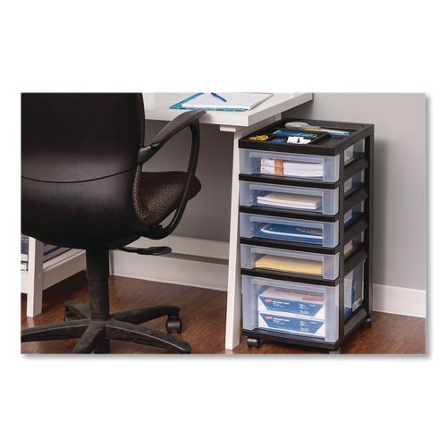 Image of IRIS 270015/116865 Five-Drawer Rolling Cart with Organizer Top, Plastic, 12.13 x 14.38 x 26.38, Clear/Black