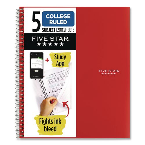Image of Five Star® 72077 Wirebound Notebook, 5-Subject, Medium/College Rule, Fire Red Cover, (200) 11 x 8.5 Sheets