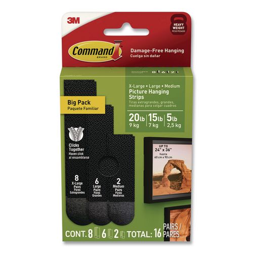 Image of Command 17218BLK-16ES Damage-Free Hanging Picture Hanging Strip Pairs, (8) XL (0.86 x 4.37), (6) L (0.75" x 3.65"), (2) Med (0.75 x 2.75), Black
