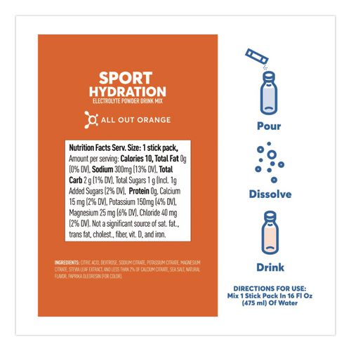 Image of nuun® NUU02403 Sport Hydration Electrolyte Powder Drink Mix, All Out Orange, 0.18 oz Stick, 10/Box