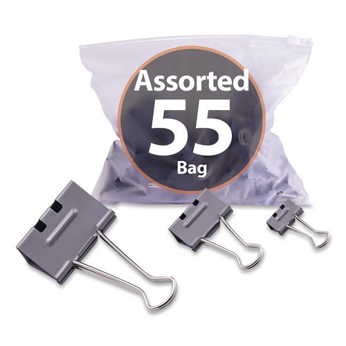 Image of Officemate 99260 EZ Binder Clips, (25) Small (0.75"), (25) Medium (1.25"), (5) Large (2"), Gray, 55/Pack