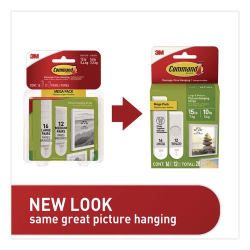 Image of Command MMM1720928ES Damage-Free Hanging Picture Hanging Strip Pairs, (16) Large (0.75" x 3.65"), (12) Medium (0.63" x 2.75"), White, 28/Pack