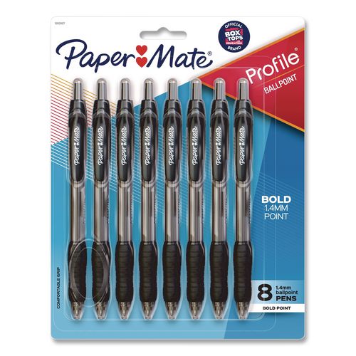 Image of Paper Mate® 1960667 Profile Ballpoint Pen, Retractable, Bold 1.4 mm, Black Ink, Smoke/Black Barrel, 8/Pack