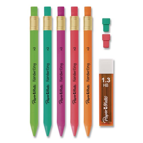 Image of Paper Mate® 2017483 Handwriting Mechanical Pencil Set with Lead and Eraser Refills, HB (#2), Black Lead, Assorted Barrel Colors, 5 Pencils/Set