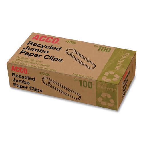 Image of ACCO Recycled Paper Clips, Jumbo, Smooth, Silver, 100 Clips/Box, 10 Boxes/Pack
