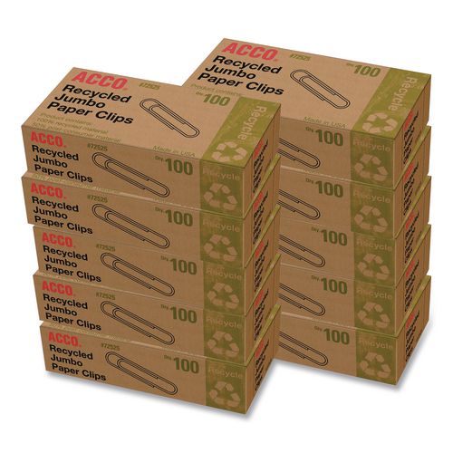 Image of ACCO Recycled Paper Clips, Jumbo, Smooth, Silver, 100 Clips/Box, 10 Boxes/Pack