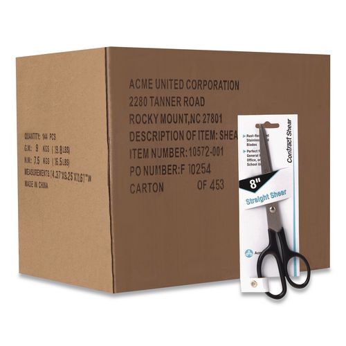 Image of Westcott® 10572-001CT Straight Contract Scissors, 8" Long, 3" Cut Length, Straight Black Handle, 144/Carton
