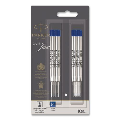 Image of Parker® 2119154 Quinkflow Refill for Parker Ballpoint Pen, Medium Conical Tip, Blue Ink, 10/Pack