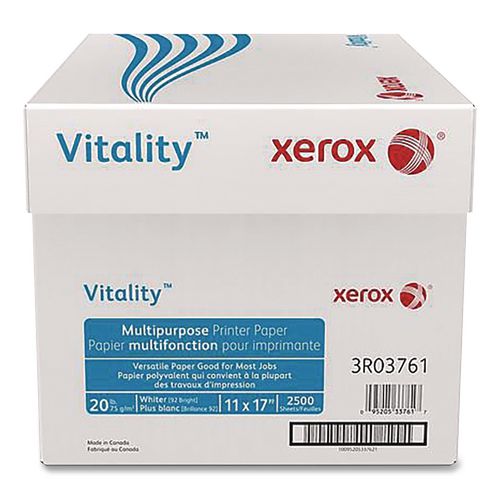 Image of xerox 3R03761 Vitality Multipurpose Printer Paper, 92 Bright, 20 lb Bond Weight, 11 x 17, White, 500 Sheets/Reams, 5 Reams/Carton