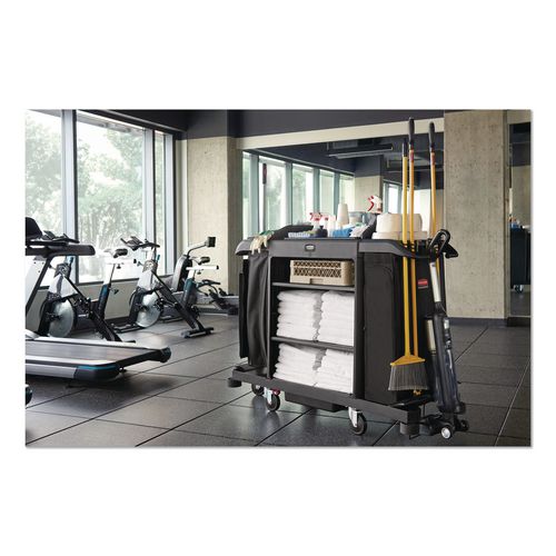 Image of Rubbermaid® Commercial 2202527 Full Size Housekeeping Cart with Accessory Bundle, Resin, 3 Shelves, 2 Bins, 24.4 x 62.4 x 49, Black