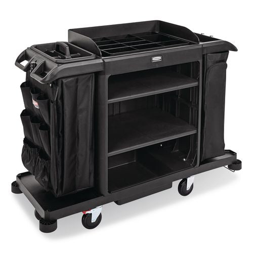Image of Rubbermaid® Commercial 2202527 Full Size Housekeeping Cart with Accessory Bundle, Resin, 3 Shelves, 2 Bins, 24.4 x 62.4 x 49, Black