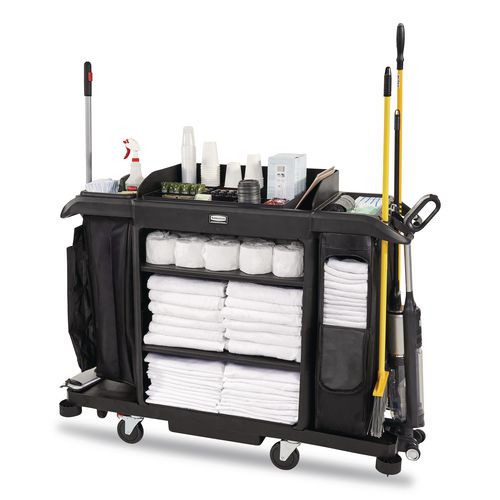 Image of Rubbermaid® Commercial 2202527 Full Size Housekeeping Cart with Accessory Bundle, Resin, 3 Shelves, 2 Bins, 24.4 x 62.4 x 49, Black
