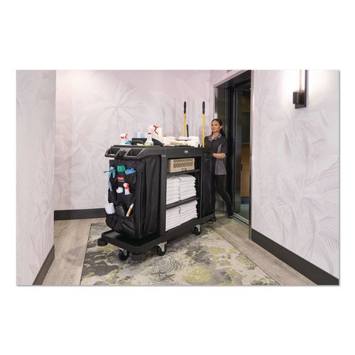 Image of Rubbermaid® Commercial 2202527 Full Size Housekeeping Cart with Accessory Bundle, Resin, 3 Shelves, 2 Bins, 24.4 x 62.4 x 49, Black