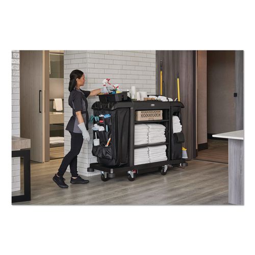 Image of Rubbermaid® Commercial 2202527 Full Size Housekeeping Cart with Accessory Bundle, Resin, 3 Shelves, 2 Bins, 24.4 x 62.4 x 49, Black