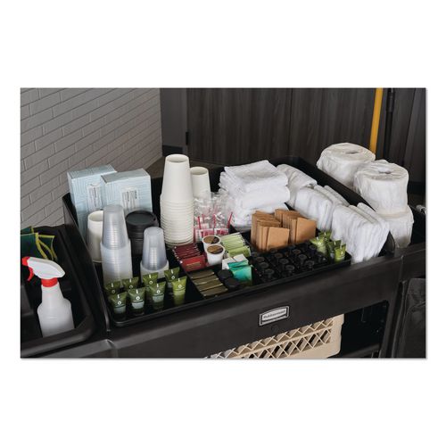 Image of Rubbermaid® Commercial 2202527 Full Size Housekeeping Cart with Accessory Bundle, Resin, 3 Shelves, 2 Bins, 24.4 x 62.4 x 49, Black