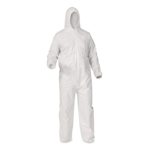 Image of KleenGuard KCC38942 A35 Liquid and Particle Protection Coveralls, Zipper Front, Hooded, Elastic Wrists and Ankles, 3X-Large, White, 25/Carton
