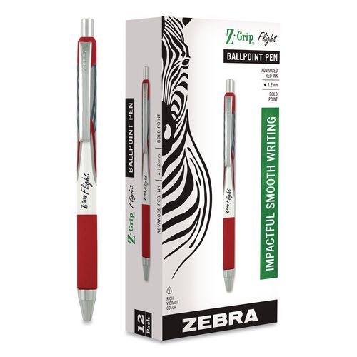 Image of Zebra® 21930 Z-Grip Flight Ballpoint Pen, Retractable, Bold 1.2 mm, Red Ink, Red/White/Silver Barrel, Dozen