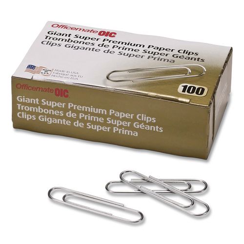 Image of Officemate 99907 Super Premium Giant Paper Clips, Jumbo, Smooth, Silver, 100/Box, 10 Boxes/Carton