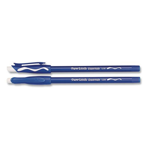 Image of Paper Mate® 3910158 Eraser Mate Ballpoint Pen, Stick, Medium 1 mm, Blue Ink, Blue Barrel, Dozen