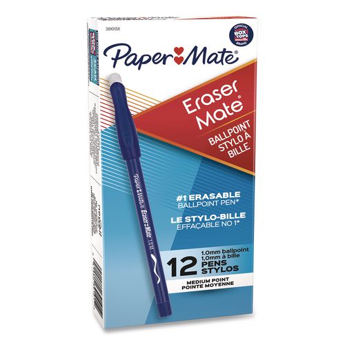 Image of Paper Mate® 3910158 Eraser Mate Ballpoint Pen, Stick, Medium 1 mm, Blue Ink, Blue Barrel, Dozen
